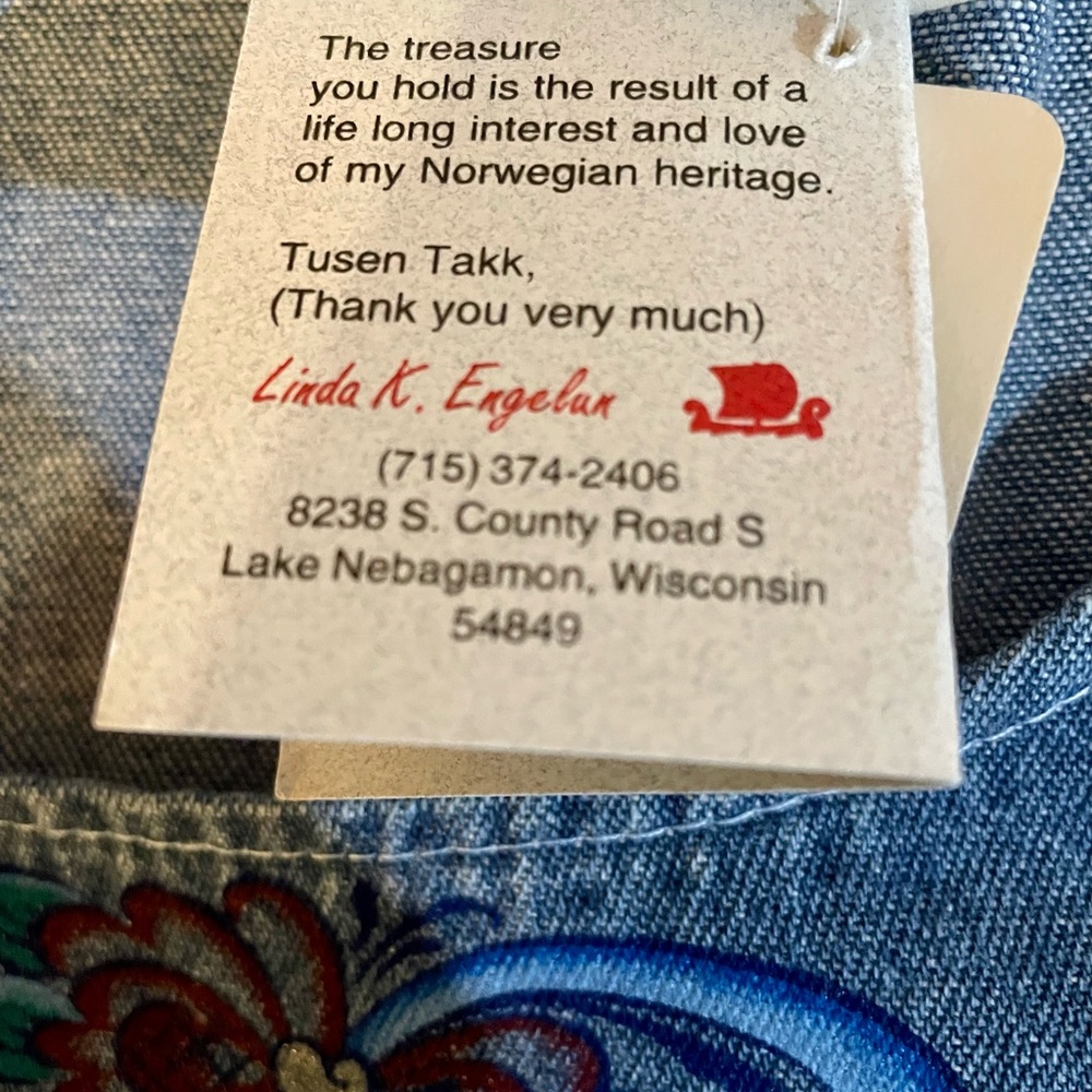 NWT VINTAGE Ethnic Norwegian Hand Painted Medium Cotton Denim Dress Vest M USA - Picture 9 of 9